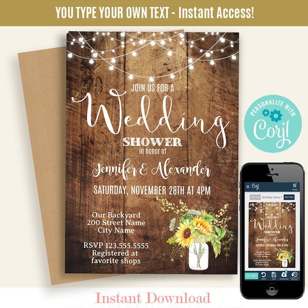 Wedding shower invitation, rustic wood background, lights and sunflowers, Editable invite, Edit with Corjl, A141