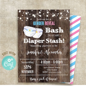 Gender Reveal Bash, diaper stash shower invitation, editable invite, Instant download, Edit with Corjl, A642