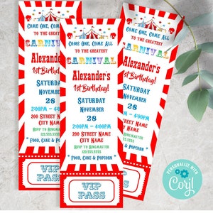 Carnival ticket invitation, Circus birthday party invitation, Editable invite, Instant download, Edit with Corjl, A415