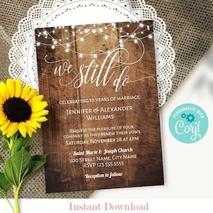 Rustic Vow Renewal invitation, Wedding anniversary invite, printable editable template, Edit with Corjl, A399