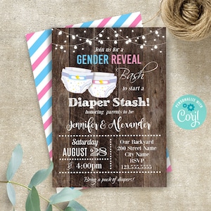 Rustic Gender Reveal Bash to start Diaper Stash invitation, Instant Download, Self-Editable template, A343