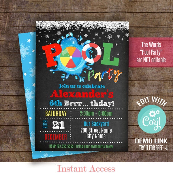 Winter Pool party invitations, printable birthday invite, Editable template, Edit with Corjl, A218