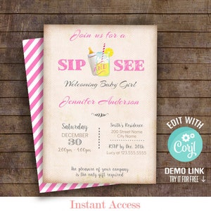 Sip and See invitation, printable pink sip & see, editable template, Instant download, Edit with Corjl, A654-Pink