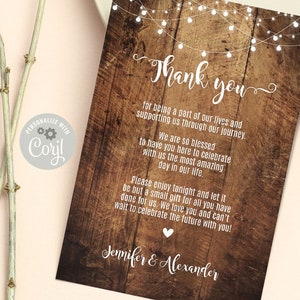 Carta de agradecimiento rústica, plantillas editables imprimibles, nota de mesa de boda, Descarga instantánea, A422