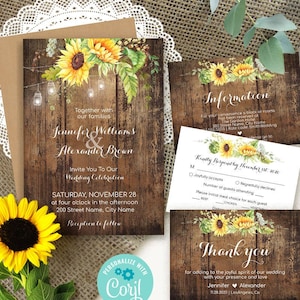 Wedding invitation with sunflowers, enclosure cards, printable editable templates, Edit with Corjl, Suite A309