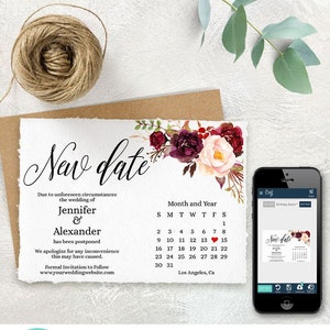 Anúncio de casamento com nova data, modelo editável para impressão, download instantâneo, Editar com Corjl, A829