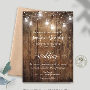 Rustic wedding invitation, rustic wood and mason jar lights, instant download, self-editable template, A241
