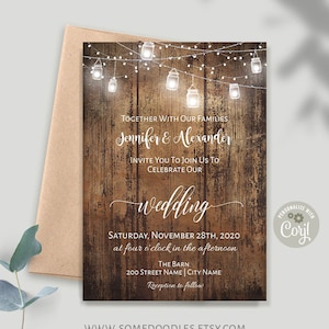 Rustic wedding invitation, rustic wood and mason jar lights, instant download, self-editable template, A241