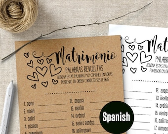 SPANISH Bridal Shower Game Wedding Word Scramble in Spanish, Printable PDF, G360