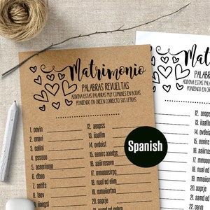 ESPAÑOL Juego de despedida de soltera Boda Word Scramble en español, PDF imprimible, G360