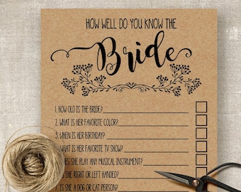 How well do you know the bride game, Bridal Shower Games, Couples Shower, Wedding games, Printable PDF, G111