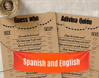 Guess Who game, Spanish and English, Bridal shower games, Printable PDF, G350