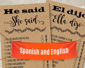 Jeu de douche nuptiale espagnol anglais : He Said She Said (PDF imprimable) G346