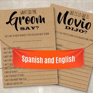 Spanish and English bridal shower game, What did the groom say game, Spanish and English, Printable PDF, G351