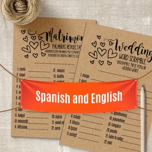 Wedding word scramble game, Spanish and English, Bridal shower games, Printable PDF, G361