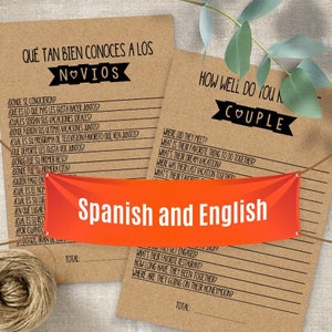 Spanish and English How well do you know the couple game, couples shower, Printable, instant download, G368