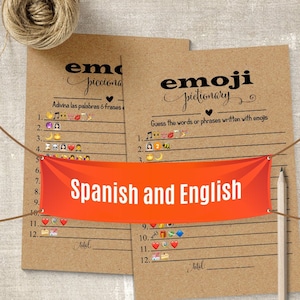 Spanish and English, Emoji pictionary game, Bridal shower games, Printable PDF, G355