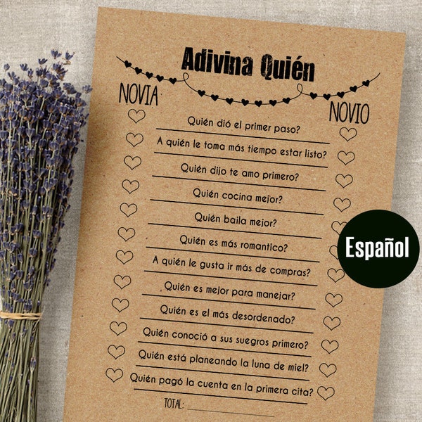 SPANISH Bridal Shower Games, Guess Who game in Spanish, Adivina Quien, Printable PDF, G341