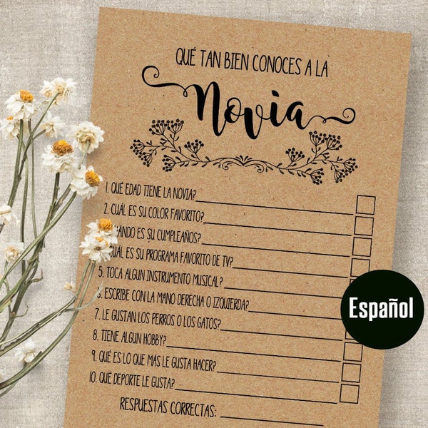 SPANISH Bridal Shower Game How well do you know the Bride in Spanish, Printable PDF, G343