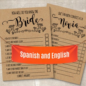 How well do you know the bride game, Spanish and English, Bridal shower games, Printable PDF, G348