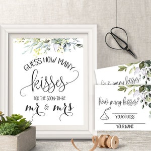 Couples Shower Game, Printable Guess How Many Kisses for Mr. and Mrs., Wedding, Greenery, Eucalyptus, G610