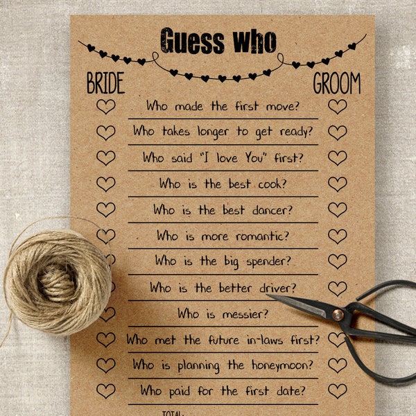 Bridal Shower Games, Printable Guess Who game, PDF, G101