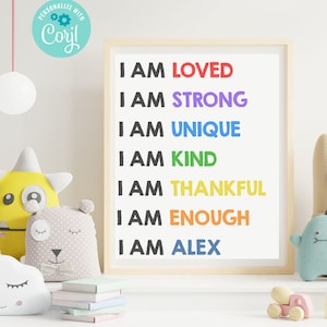 Custom Affirmation Kids Wall Art, printable nursery decorations, editable template, You edit with Corjl, instant access, A927