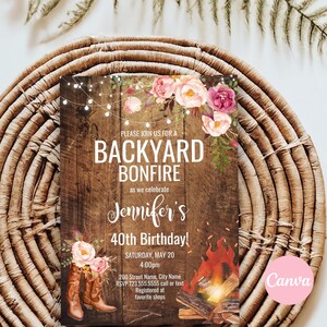 Bonfire Party Invitation, Rustic Backyard, Floral Lights Editable Party Template, Cowgirl Boots, A850 image 3