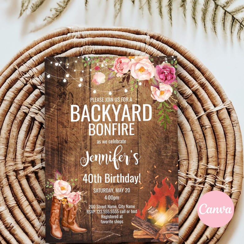 Bonfire Party Invitation, Rustic Backyard, Floral Lights Editable Party Template, Cowgirl Boots, A850 image 3