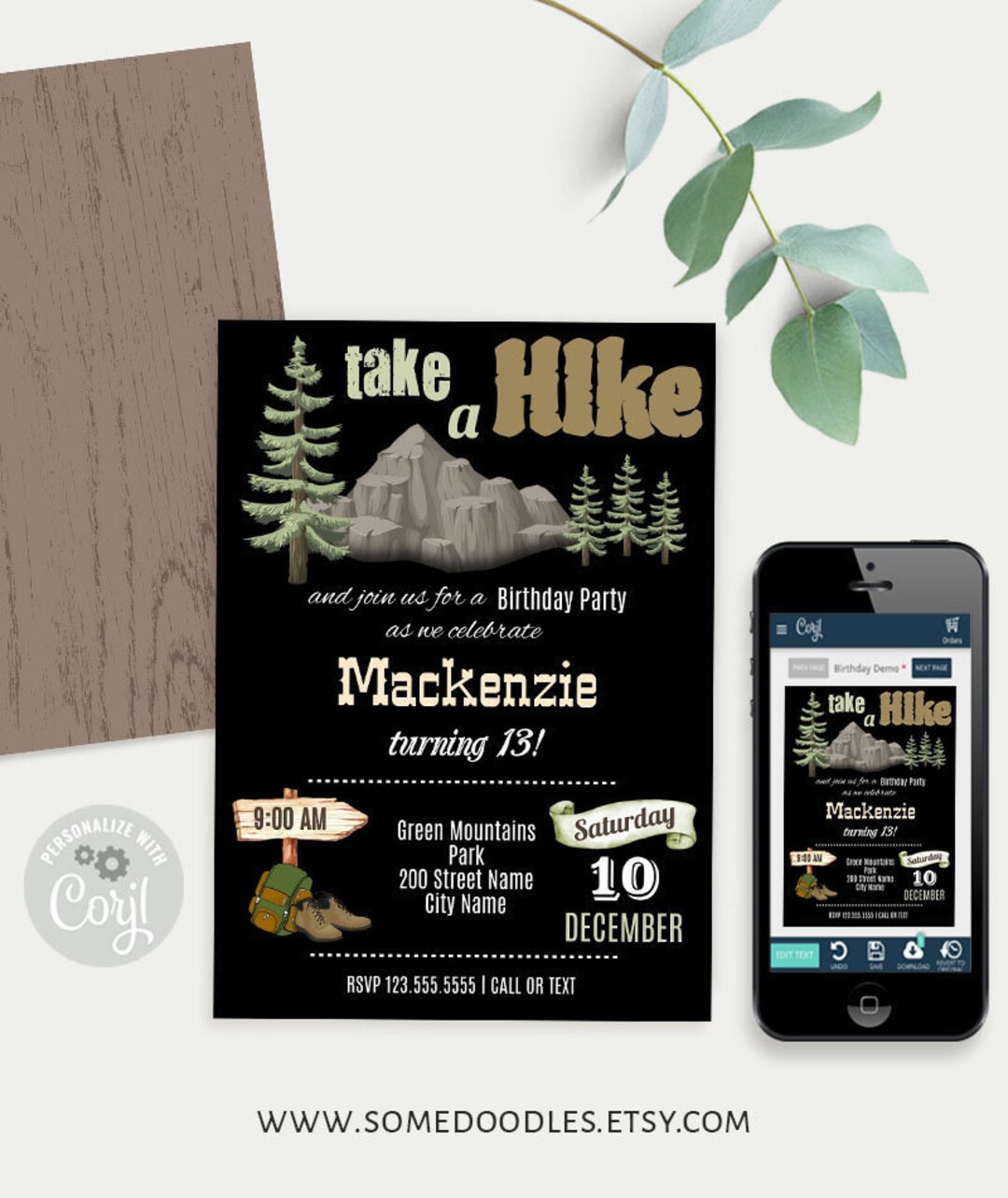 Hiking Birthday Party Invitation, self-editable template, Instant ...