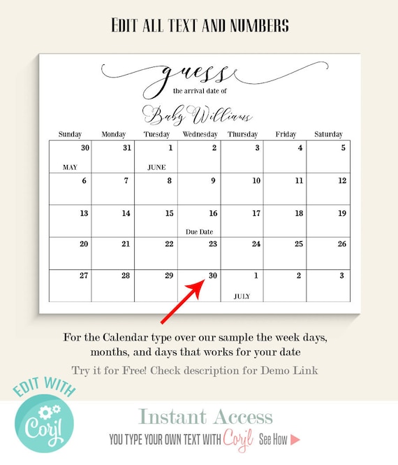 Guess Baby s Due Date Calendar Printable Baby Shower Game Instant Download Edit With Corjl G117 Etsy Canada