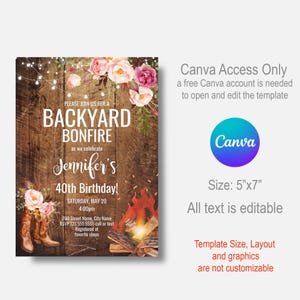 Bonfire Party Invitation, Rustic Backyard, Floral Lights Editable Party Template, Cowgirl Boots, A850 image 4