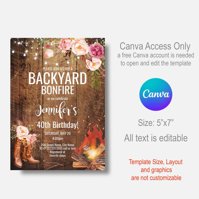 Bonfire Party Invitation, Rustic Backyard, Floral Lights Editable Party Template, Cowgirl Boots, A850 image 4
