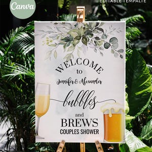 Bubbles and Brews Couples Shower Welcome Sign Editable Canva Template, DA055