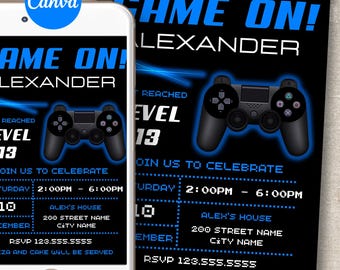 Blue Video Game Birthday Invitation Editable Canva Template Gamer Party Invite Instant Download, DA631