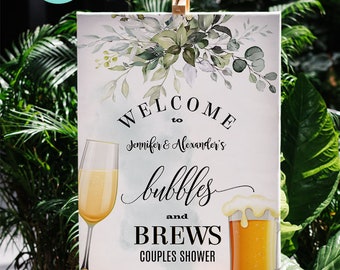 Bubbles and Brews Welcome Sign, Printable Self-editable Template, Greenery Couples Shower, Edit with Corjl A055