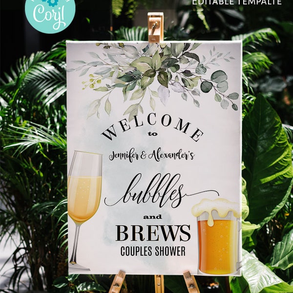 Bubbles and Brews Welcome Sign, Printable Self-editable Template, Greenery Couples Shower, Edit with Corjl A055