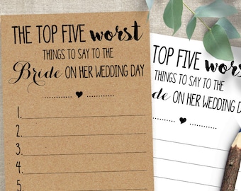 Bridal Shower Games, The Top Five Worst Things to Say to the Bride, Printable Games, PDF, G126