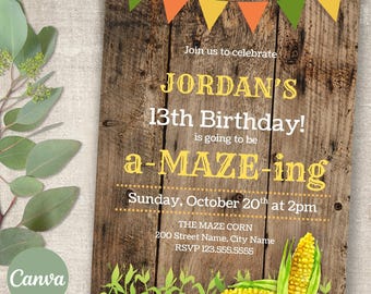 May include: A rectangular birthday invitation card featuring a rustic wood plank background, a colorful bunting banner at the top, and illustrations of corn stalks at the bottom. The text reads: Join us to celebrate JORDAN'S 13th Birthday! is going to be a-MAZE-ing Sunday, October 20th at 2pm THE MAZE CORN 200 Street Name, City Name RSVP 123.555.5555.