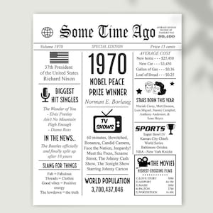 Birthday Newspaper, 1970 birthday,  printable sign, not editable, instant download, A570
