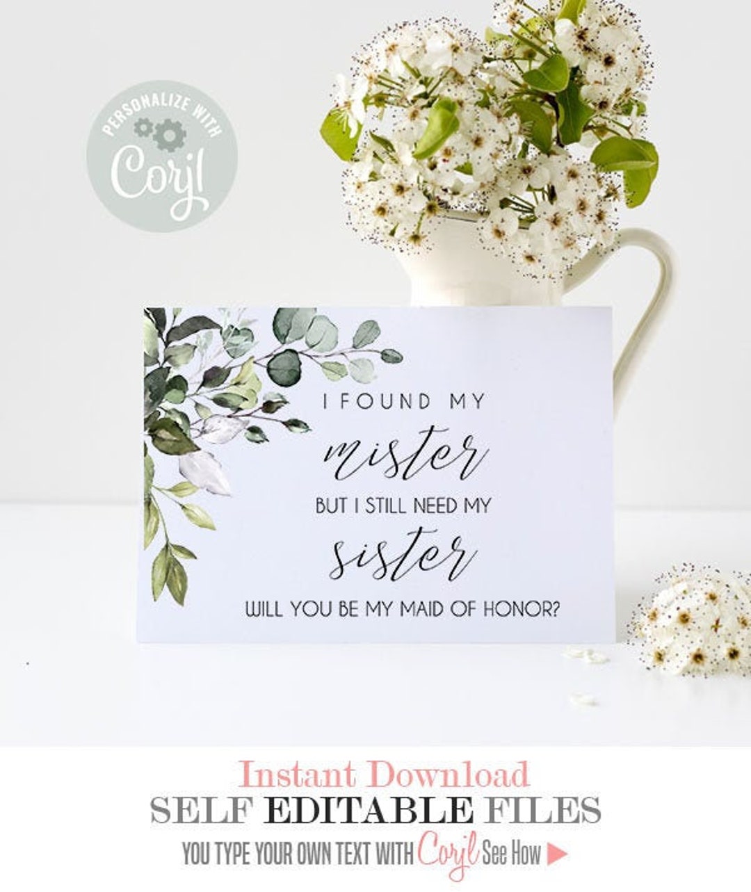 Maid of Honor Proposal Card, Editable Greenery Template, Printable