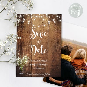 Rustic Save the date, Rustic Wood, Fleurs de gypsophile et guirlandes lumineuses, Modèle auto-éditable, Modifier avec Corjl, A891