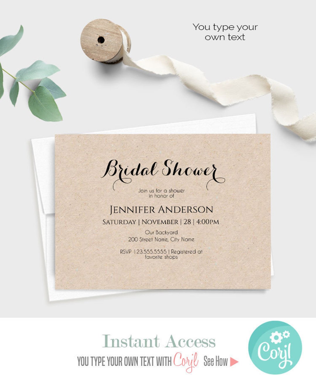 Bridal Shower Invitation, Printable Editable Template, Instant Download ...