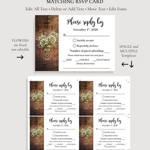 May include: A rectangular RSVP card template featuring a dark brown wood grain panel on the left with a white mason jar filled with white flowers. The right side is white with black text reading Please reply by November 1st, 2026, and meal options.