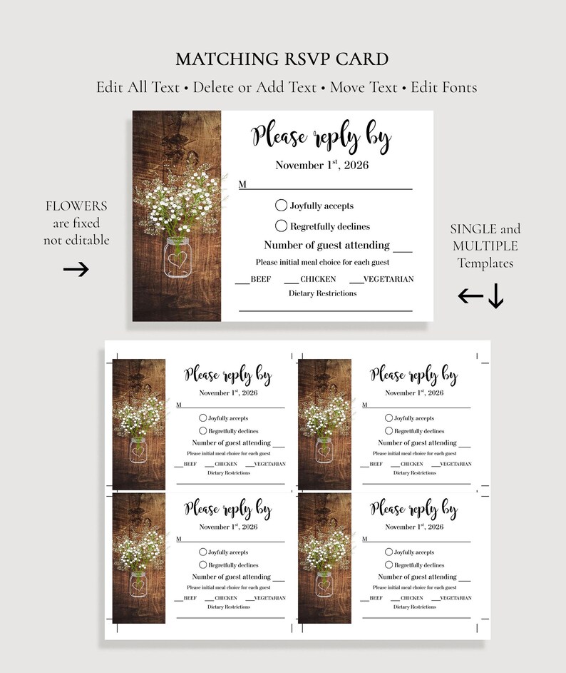 May include: A rectangular RSVP card template featuring a dark brown wood grain panel on the left with a white mason jar filled with white flowers. The right side is white with black text reading Please reply by November 1st, 2026, and meal options.