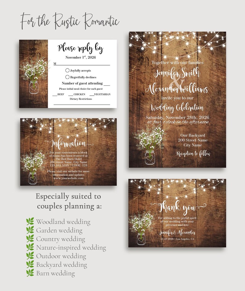May include: A wedding stationery set featuring a dark brown wood grain background, white string lights, and a mason jar filled with baby's breath flowers. The set includes an invitation, a reply card, an information card, and a thank you card.