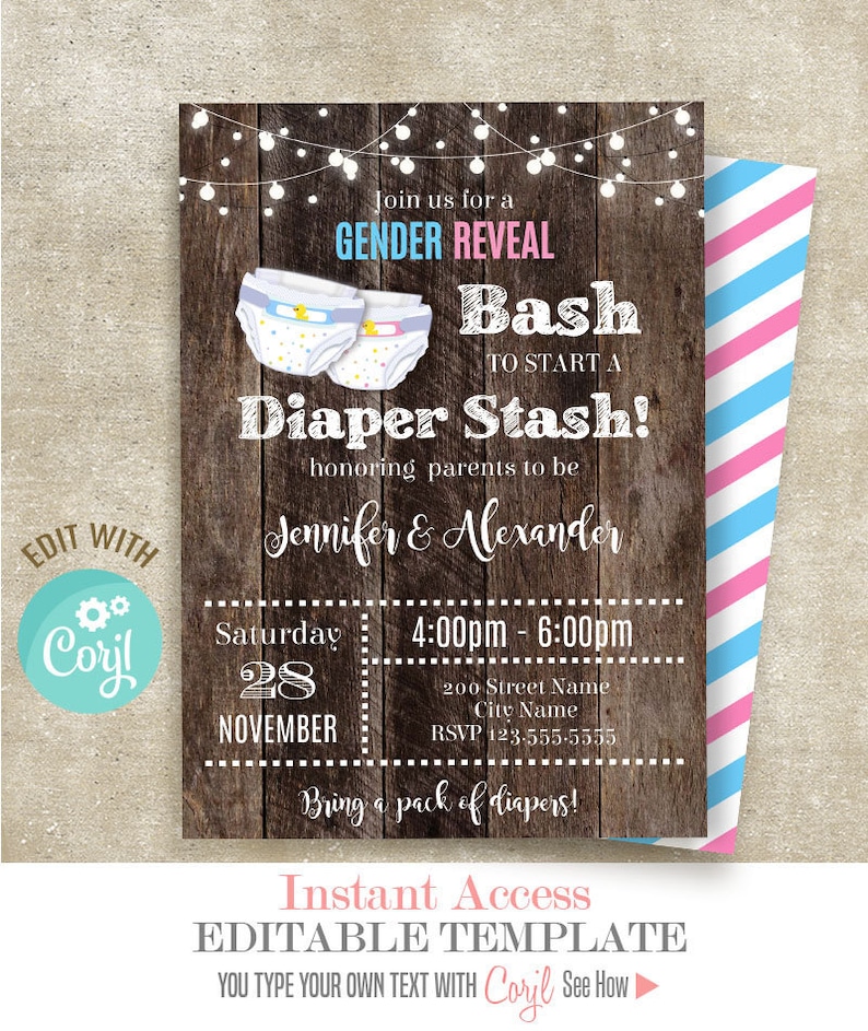 Gender Reveal Bash diaper stash shower invitation editable Etsy