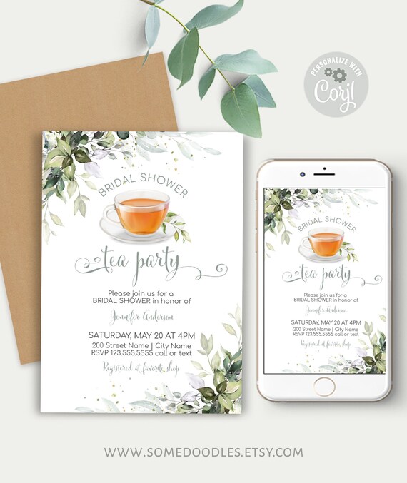 Tea Party Bridal Shower Greenery Editable Template Print or | Etsy