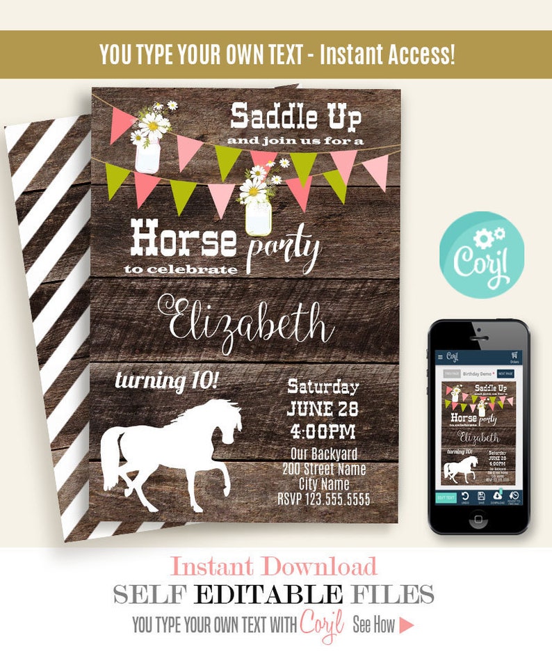 Horse Birthday Party Invitation Editable Template Printable Etsy
