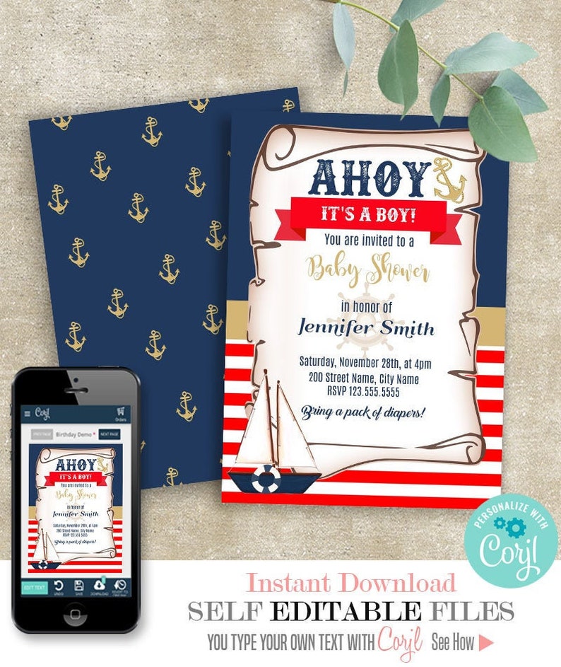Ahoy It's a Boy Baby Shower Invitation Printable Editable | Etsy